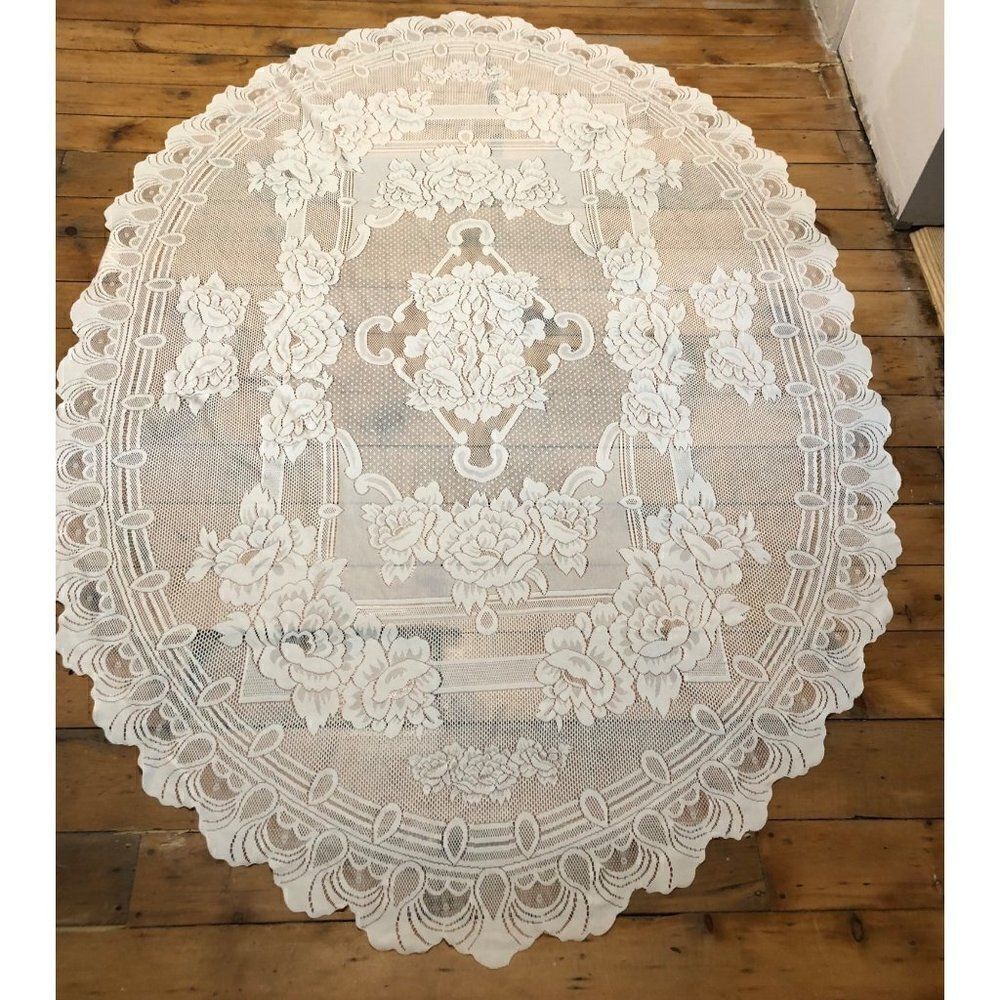 Vintage Oval Lace Tablecloth Ivory Victorian Style 82” x 58”